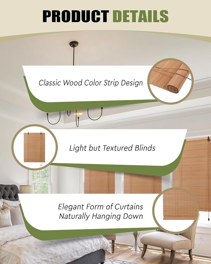 FoundGo Retro Bamboo Blinds 35" W x 72" H Bamboo Roman Shades Light Filtering - Image 6
