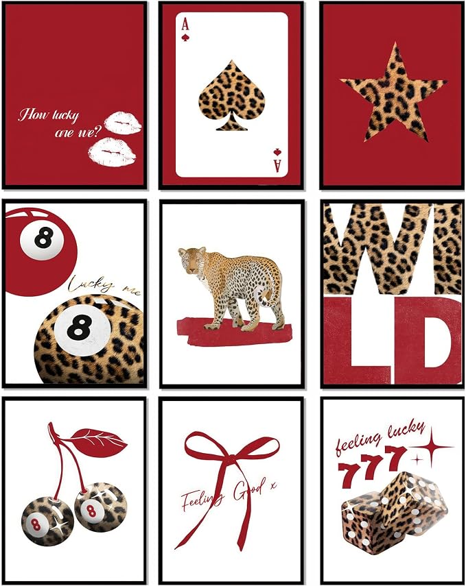 LOARTVE 9Pcs Trendy Red Leopard Wall Art Prints Funky Lucky 8 Ball Posters by LOARTVEART