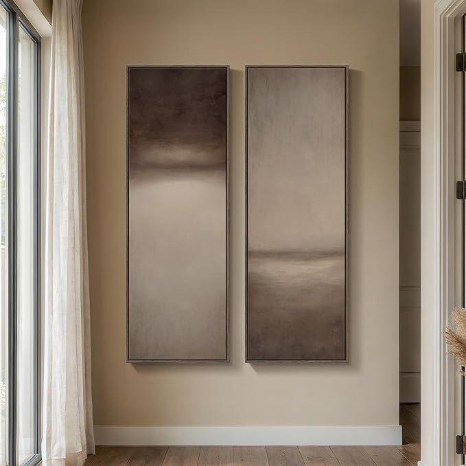 Long Narrow Framed Brown and Beige Neutral Abstract Vertical Wall Art, - Image 8