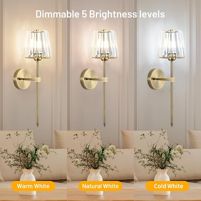 Crystal Battery Operated Wall Sconces Set of 2, Brass Rechargeable Wireless - Image 7