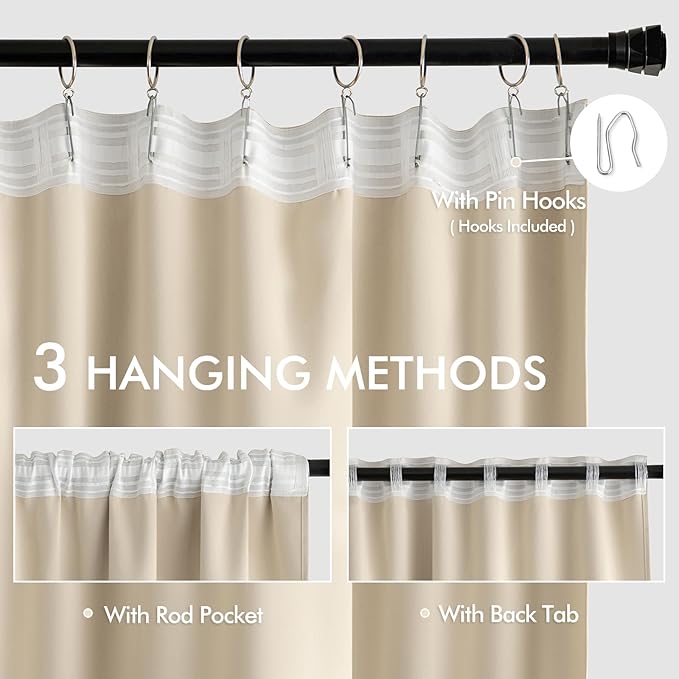 MIULEE Back Tab Cream Beige Curtains 90 Inch Long 2 Panels Set - Image 3
