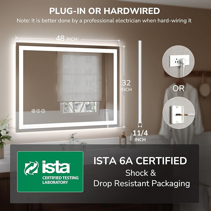 USHOWER LED Bathroom Mirror 48x32 Inch Tempered Glass - Image 7