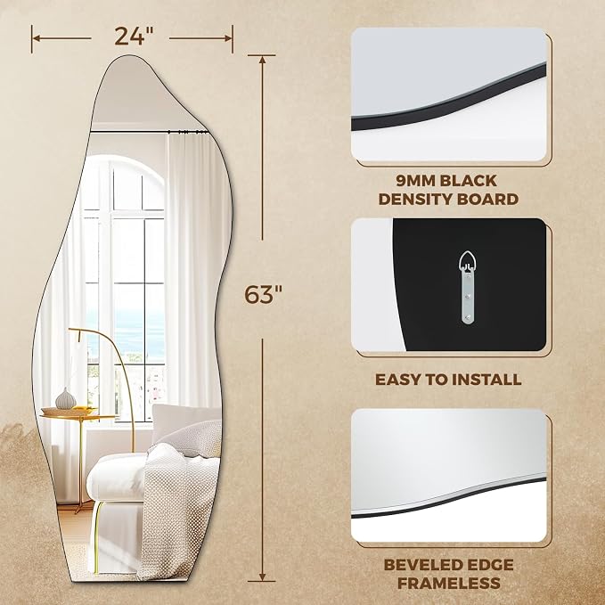 QDSSDECO Full Length Mirror 63"x24" Irregular Wall Mirror Wave Frameless - Image 5