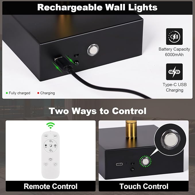 Wall Sconces Set of Two with Remote Control 29.1 in Dimmable Black Gold Battery - Image 5