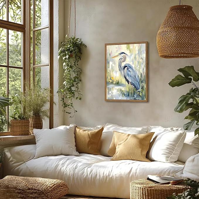 Framed Blue Heron Wall Art, Watercolor Sea Bird Pictures Wall Decor, Coastal - Image 2