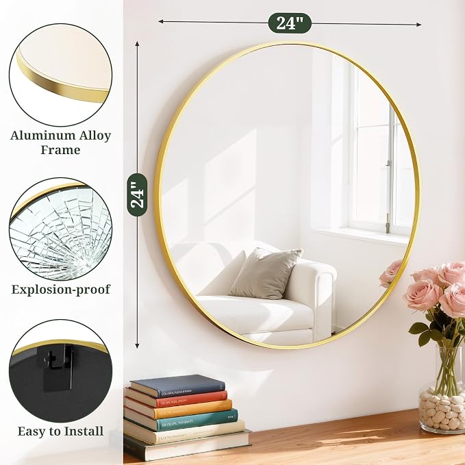 Round Wall Mirror 24 Inch Gold Vanity Mirror - Image 2