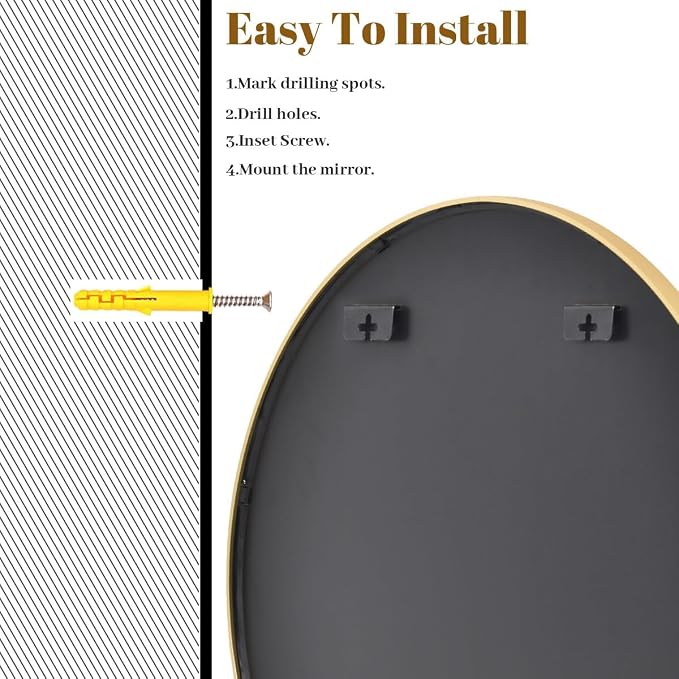 VooBang Gold Round Bathroom Mirror, 30 inch Circle Wall Mounted Hanging Mirror - Image 6