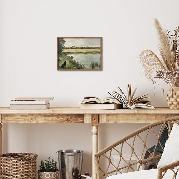Framed Vintage Hunting Black Dog Wall Art, Rustic Country Nature Landscape - Image 8