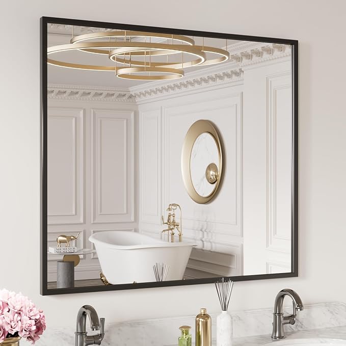 LOAAO 40"X36" Black Rectangle Bathroom Mirror Wall, Matte Black Aluminum Alloy by LOAAO