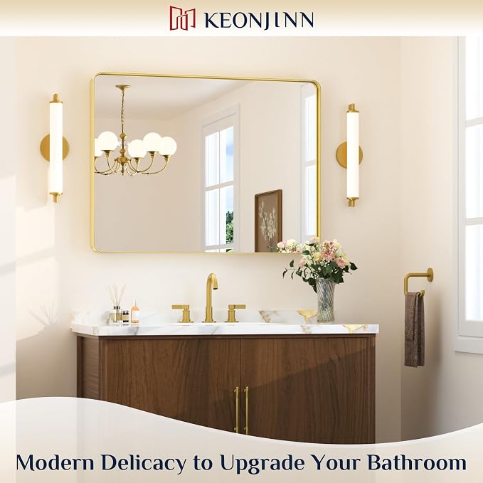 Keonjinn Gold Bathroom Mirrors for Over Sink, 40” x 30” Brushed Brass Mirror - Image 2