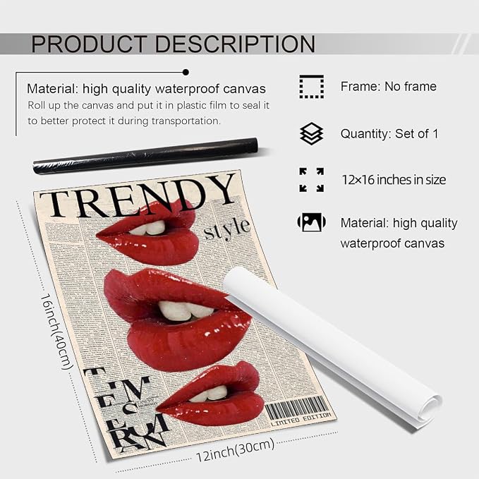 jkahh Trendy Y2k Newspaper Wall Art Vintage Red Lips Kiss Prints Poster Fashion - Image 2