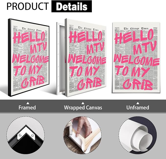 Enlaizhude Pink Hello MTV Welcome To My Crib Quote Poster, Vintage Black White - Image 2
