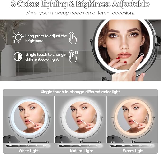 Rocollos 9" Wall Mounted Lighted Makeup Mirror, Large Double Sided 1X/10X - Image 3