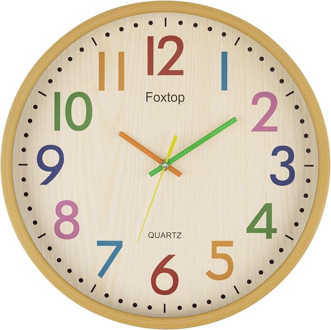 Foxtop 14 Inch Kids Wall Clock Silent Non-Ticking Battery Operated Colorful by Foxtop