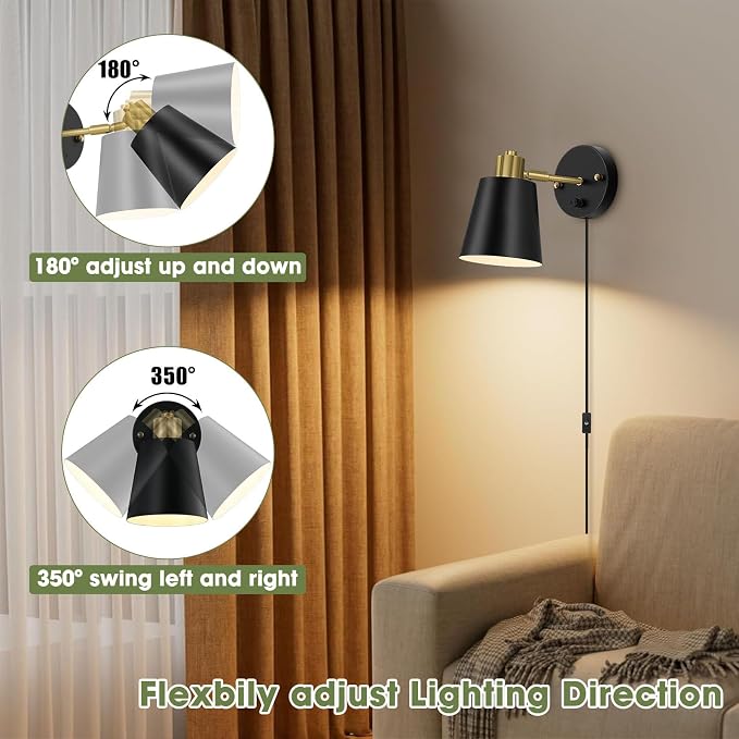 Lomoky Plug in Wall Sconces Set of 2, Dimmable Wall Lights - Image 3