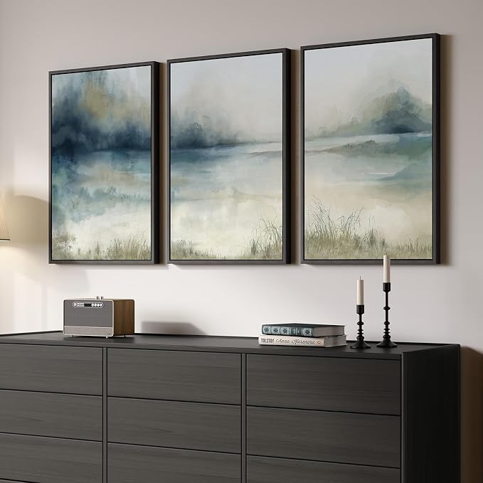Large Framed Abstract Landscape Wall Art, 3 Piece Blue Watercolor Canvas Prints - Image 2