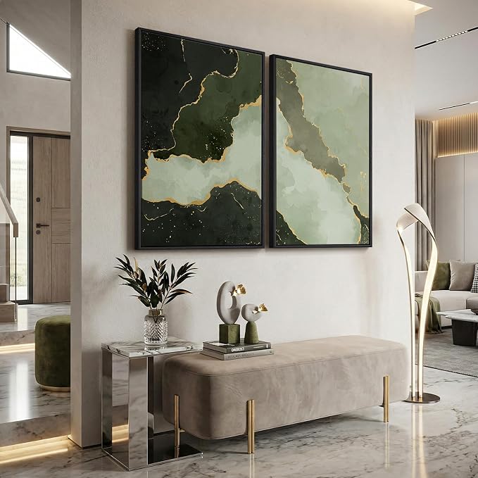Large Framed Green Abstract Wall Art Set of 2, Modern Canvas Prints Paintings - Image 4