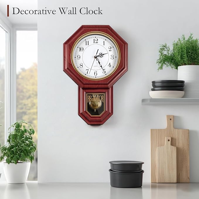 Regulator Wall Clock with Pendulum, Imitation Red Wood Plastic Wall Clock - Image 6
