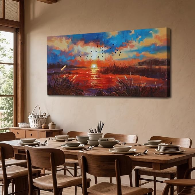 Anolyfi Sunset Wall Art for Living Room, Reed Lake Wall Decor Red Artwork for - Image 3