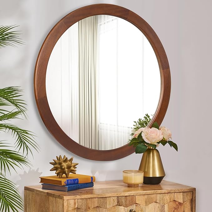 CULER Round Mirror 36 Inch, Wood Rustic Bathroom Tempered Wall Mirror - Image 3