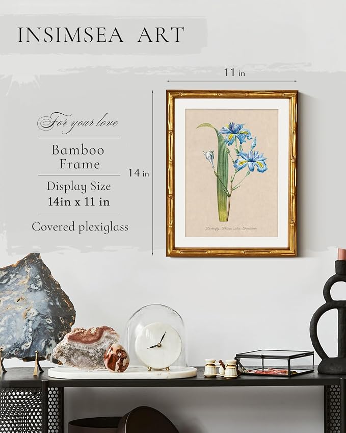 InSimSea Gold Bamboo Framed Canvas Wall Art, Retro Blue Iris Botanical Prints - Image 3