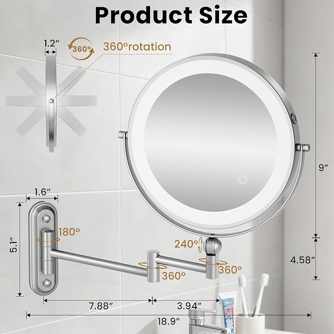 9" Wall Mounted LED Lighted Makeup Vanity Mirror - 4000mAh Rechargeable Double - Image 2