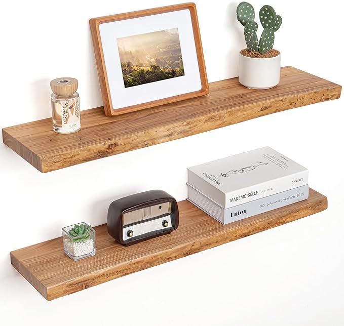Floating Shelves for Wall Decor, Rustic Solid Elm Wood Live Edge Floating by FLYJOE