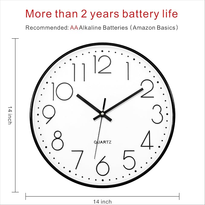 Foxtop 14 Inch Black Wall Clock Large Silent Non-Ticking Battery Operated Round - Image 2