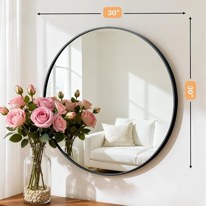 Bathroom Mirror for Wall, 30 Inch Round Mirror, Matte Black Metal Framed Circle - Image 3