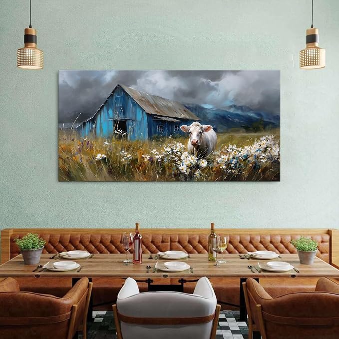 Rustic Farmhouse Wall Art Cow and Blue Barn Canvas Pictures Country Landscape - Image 6