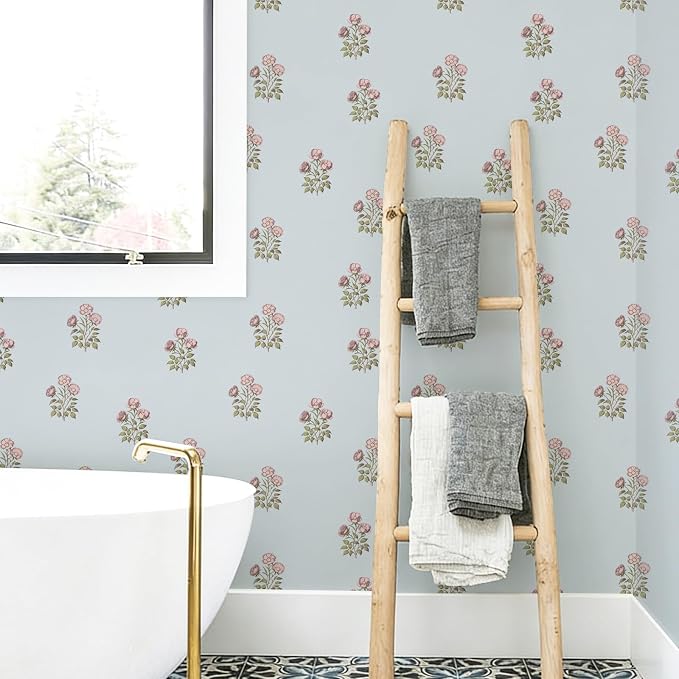 17.3"× 118.1" Vintage Blue Floral Wallpaper Peel and Stick Boho Wallpaper - Image 9