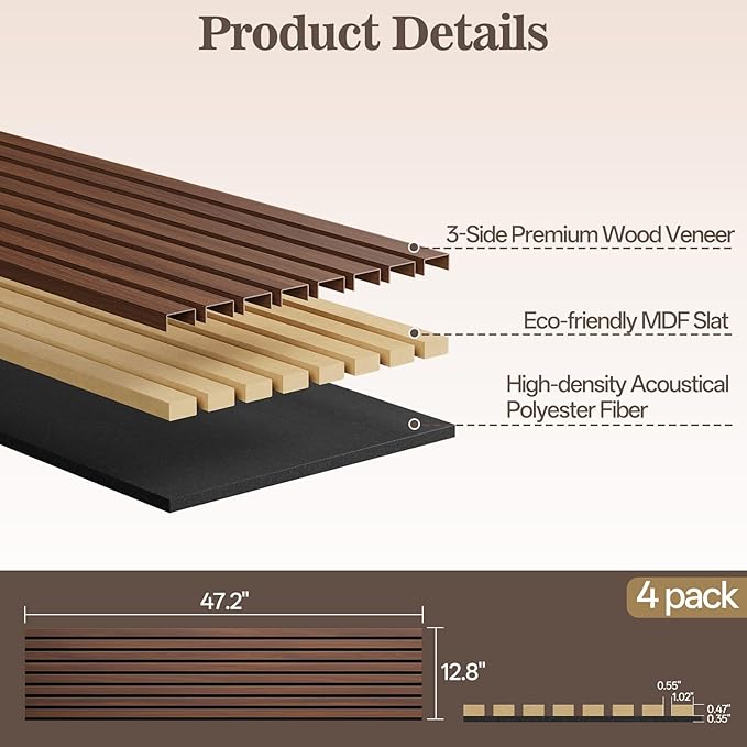 4 Pack Wood Panels for Wall, 47.24" x 12.79" Acoustic Wood Slat Wall Panel for - Image 2