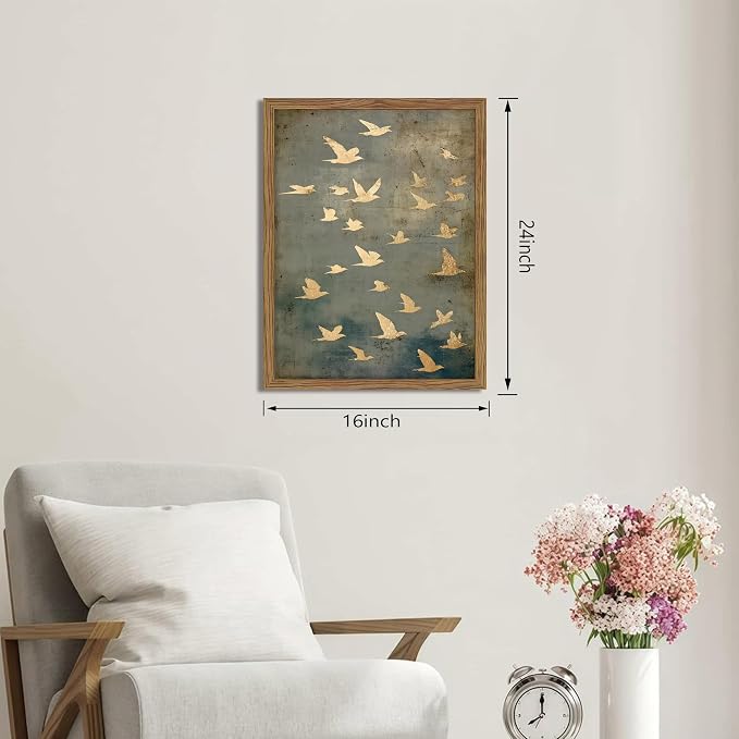 Framed Flock of Birds Canvas Wall Art, Vintage Minimalist Abstract Landscape - Image 3