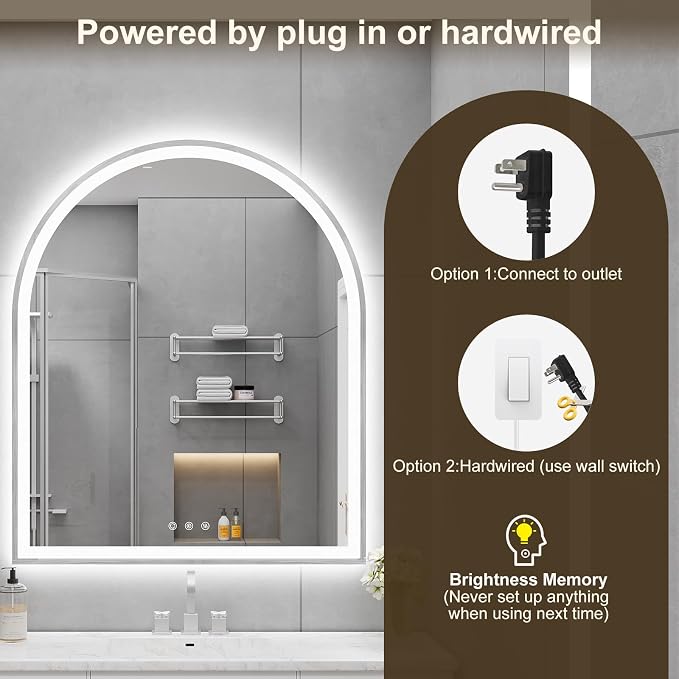 Arched LED Mirror for Bathroom 30"x36", 3 Color Changing, Touch Sensor - Image 6