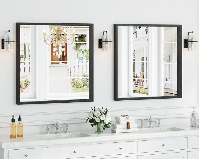 Syndra Square Black Wood Frame Bathroom Mirror, Waterproof Slim Deep Frame - Image 2