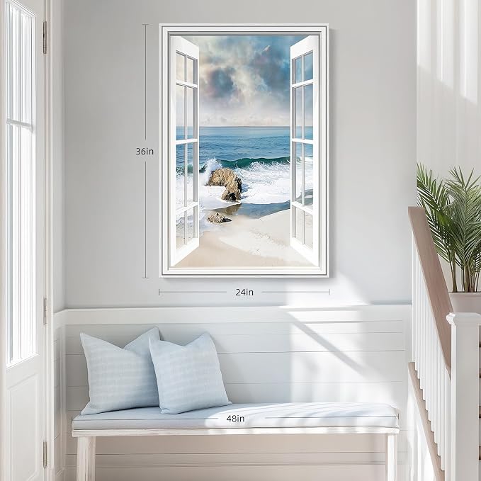 Framed Window Beach Scene Wall Art, Nature Blue Coastal Seascape Vertical - Image 4
