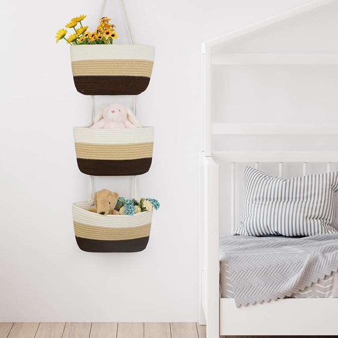 TeoKJ Over the Door Hanging Basket, 3-Tier Woven Cotton Wall-Mounted Storage - Image 5