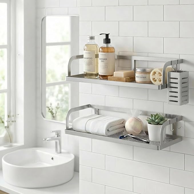 PUSDON 2-Pack Wide Hollowout Shower Caddy & Spice Rack, Wall Mount Bathroom - Image 2