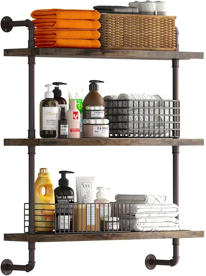 Helsin 3 Tier Industrial Pipe Shelf Rustic Wood Floating Shelves, Wall Display by Helsin