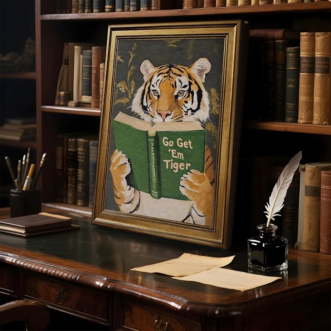 Vintage Gold Framed Wall Art Go Get Em Tiger Poster Funny Animal Reading Book - Image 6