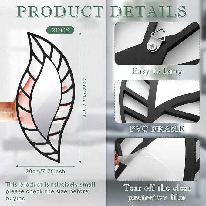 Roowest 2 Pcs Decorative Mirror Wall Decor Leaf Teardrop Mirror Wall Mounted - Image 2