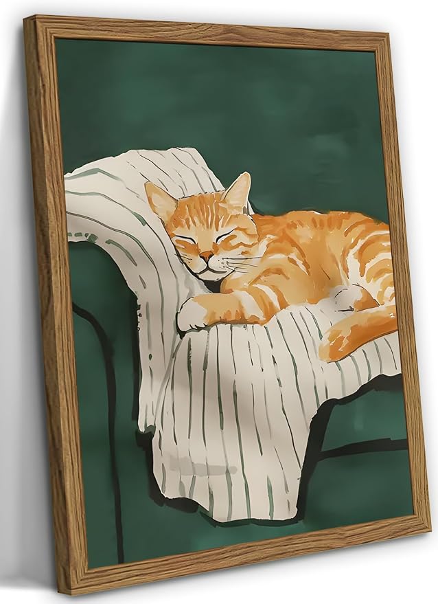 Funny Cat Wall Art Cute Cat Sleeping on Couch Wall Decor Painting Orange Pet by WARTHZwallart