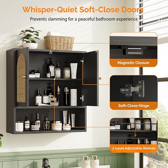 VINGLI Black Rattan Medicine Cabinet Wall Mounted, Arched Modern Farmhouse - Image 6