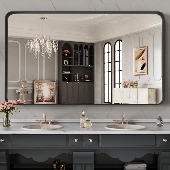 LOAAO 48X28 Inch Black Metal Framed Bathroom Mirror - Image 8