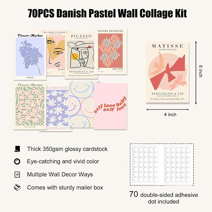 KBKBART 70pcs Danish Pastel Wall Collage Kit Aesthetic Pictures, Cute Danish - Image 5