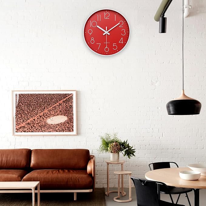 Red Wall Clock 12 Inch Silent Non-Ticking Modern Quartz Wall Clocks Battery - Image 2