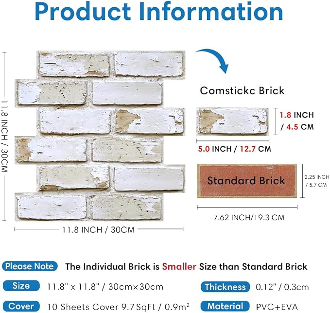 COMSTICKC 3D Faux Brick Wall Stickers Wall Panels, Small Brick Size, Thin PVC - Image 3