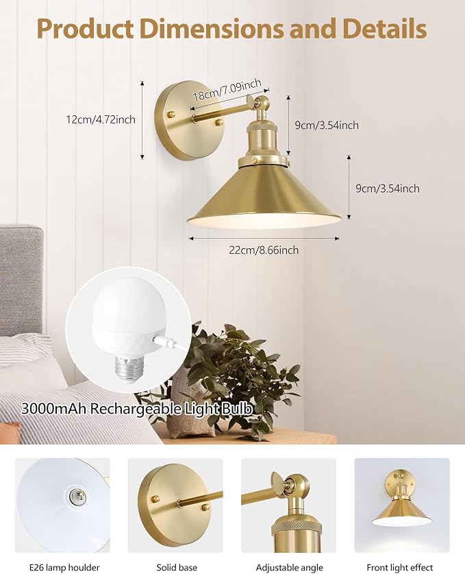 Bailoch Gold Vintage Wireless Battery Operated Wall Sconces, Rechargeable - Image 2