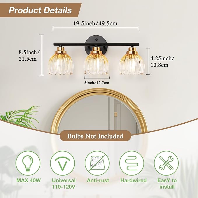 TALOYA Bathroom Vanity Light Fixtures, 3-Light Modern Black and Gold Wall - Image 3