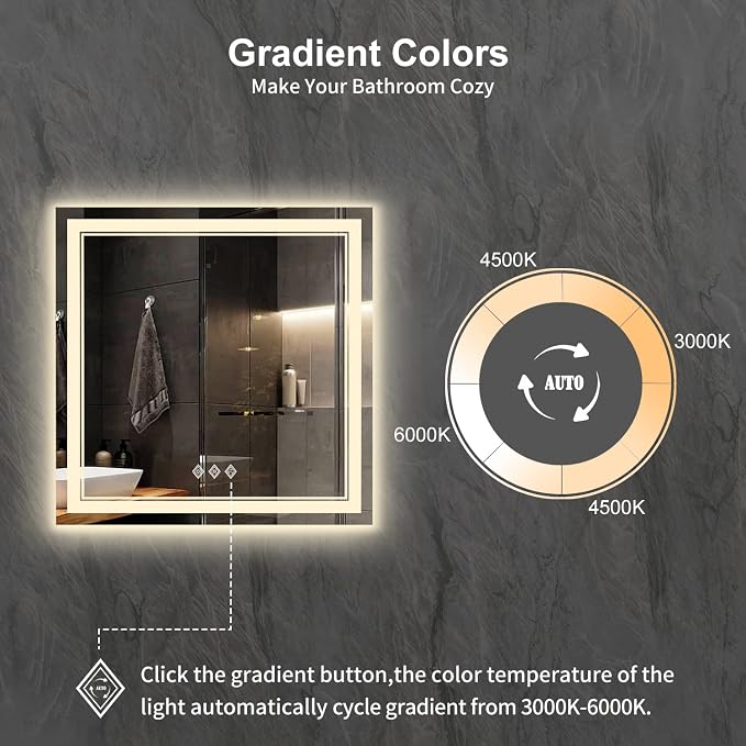 LED Bathroom Mirror, 32x32 Inch Gradient Front and Backlight Lighted Vanity - Image 3
